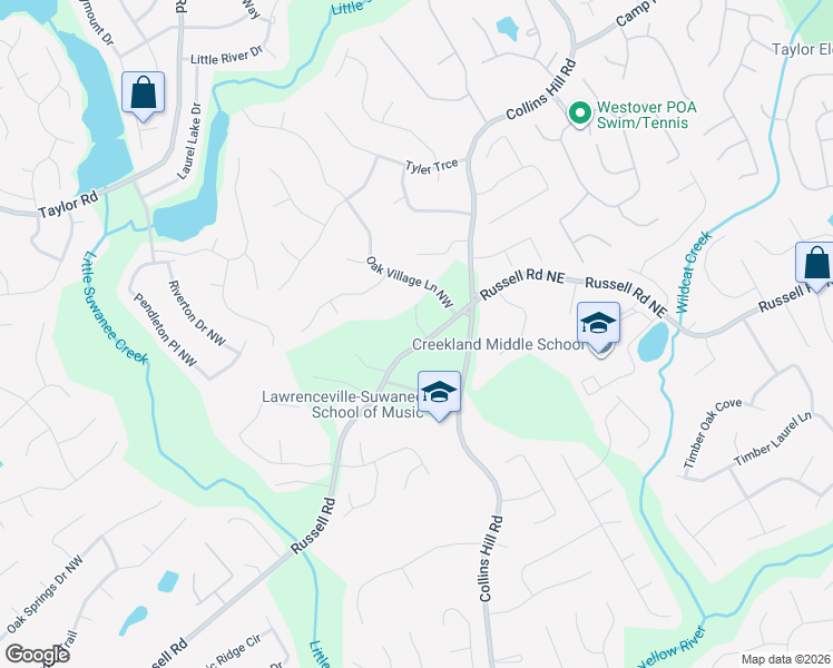 map of restaurants, bars, coffee shops, grocery stores, and more near 55 Russell Road in Lawrenceville