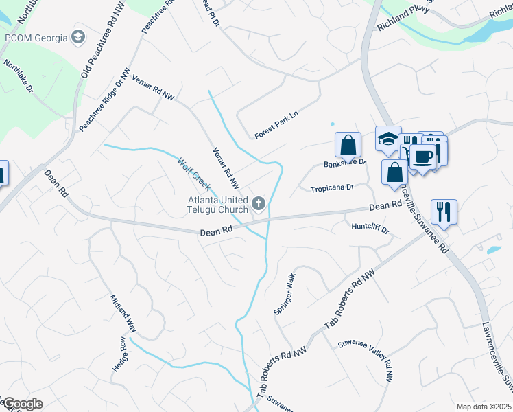 map of restaurants, bars, coffee shops, grocery stores, and more near 2190 Ashley Crossing Court Northwest in Lawrenceville