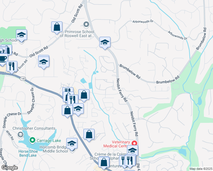 map of restaurants, bars, coffee shops, grocery stores, and more near 605 Saratoga Drive in Alpharetta