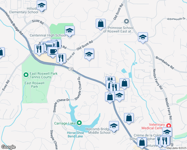 map of restaurants, bars, coffee shops, grocery stores, and more near 2505 Powder Ridge in Roswell