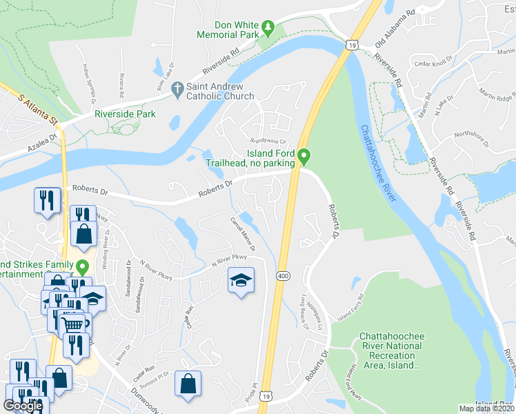map of restaurants, bars, coffee shops, grocery stores, and more near 504 River Run Drive in Atlanta