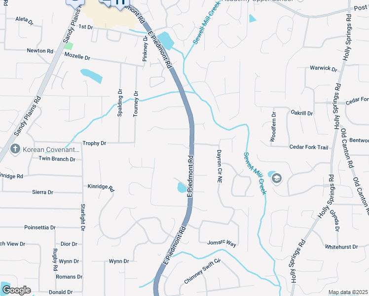 map of restaurants, bars, coffee shops, grocery stores, and more near 2235 Birchtree Way in Marietta