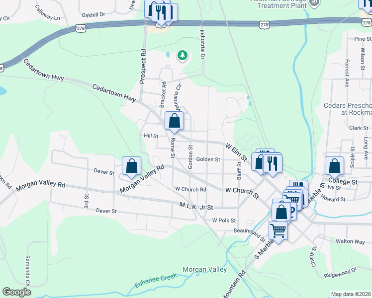 map of restaurants, bars, coffee shops, grocery stores, and more near 117 Gordon Street in Rockmart