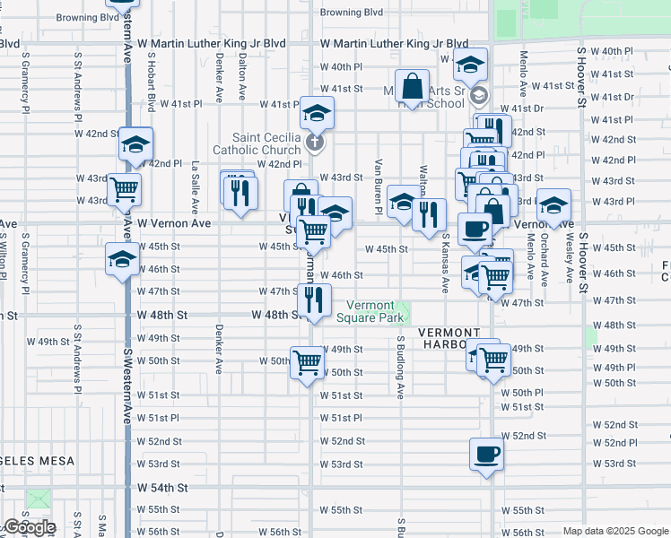 map of restaurants, bars, coffee shops, grocery stores, and more near 1327 West 46th Street in Los Angeles