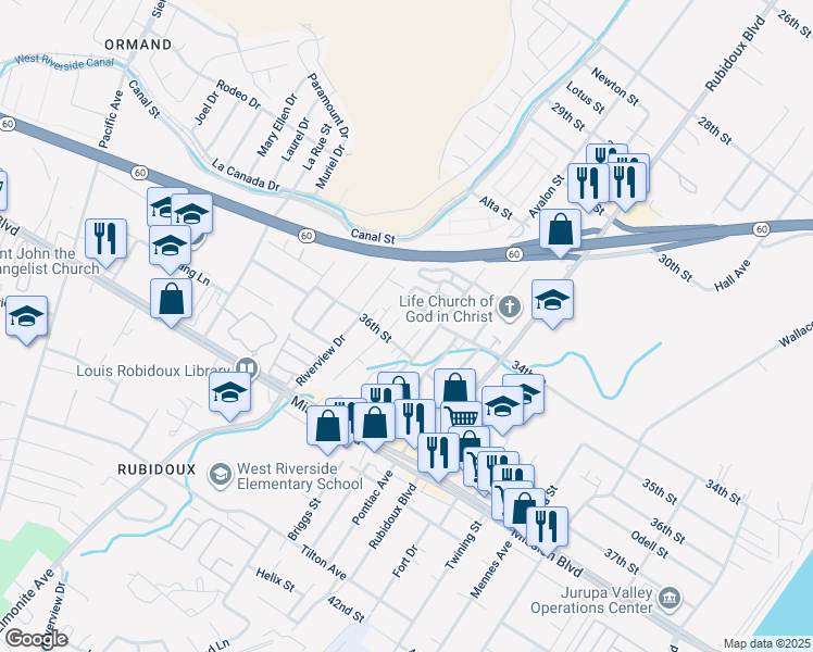 map of restaurants, bars, coffee shops, grocery stores, and more near 3403 Avalon Street in Riverside