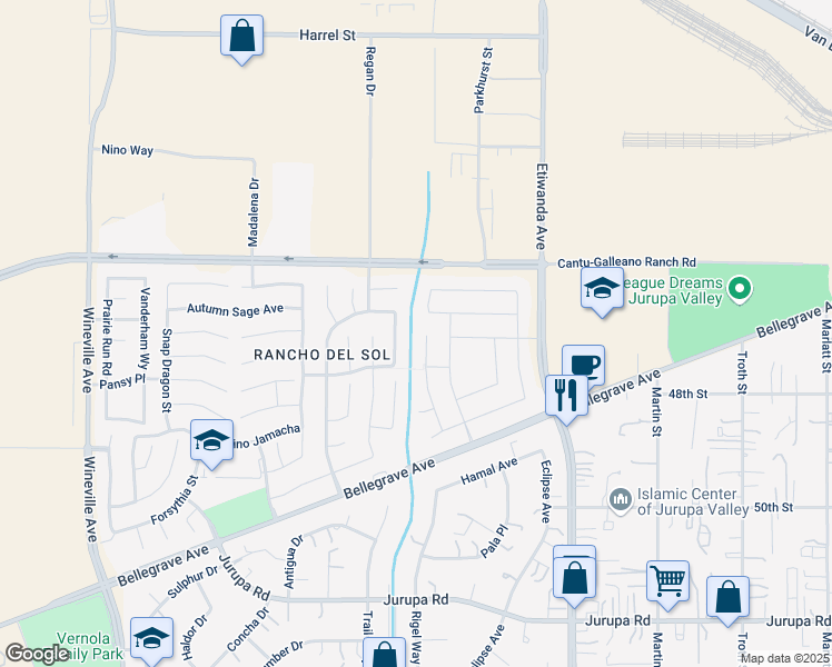 map of restaurants, bars, coffee shops, grocery stores, and more near 4705 Magnum Way in Jurupa Valley