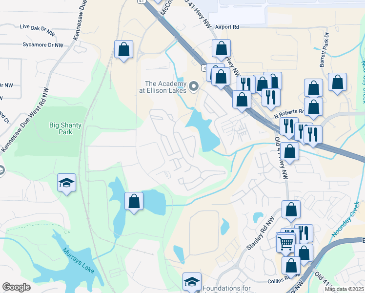 map of restaurants, bars, coffee shops, grocery stores, and more near 2071 Lakeshore Overlook Drive in Kennesaw