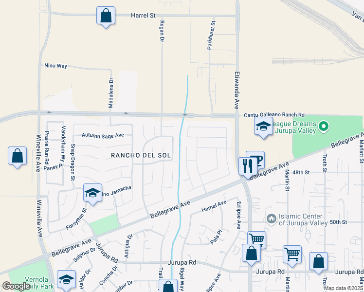 map of restaurants, bars, coffee shops, grocery stores, and more near 4705 Magnum Way in Jurupa Valley