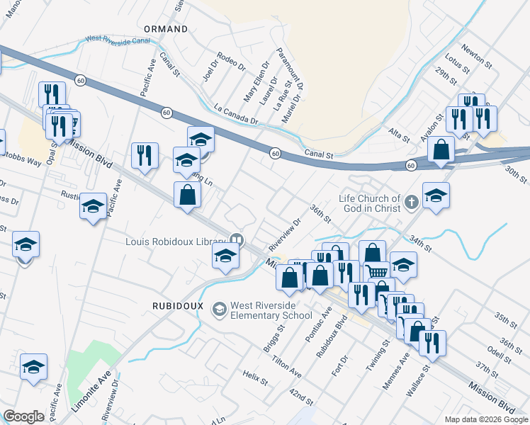 map of restaurants, bars, coffee shops, grocery stores, and more near 5838 Patty Street in Riverside