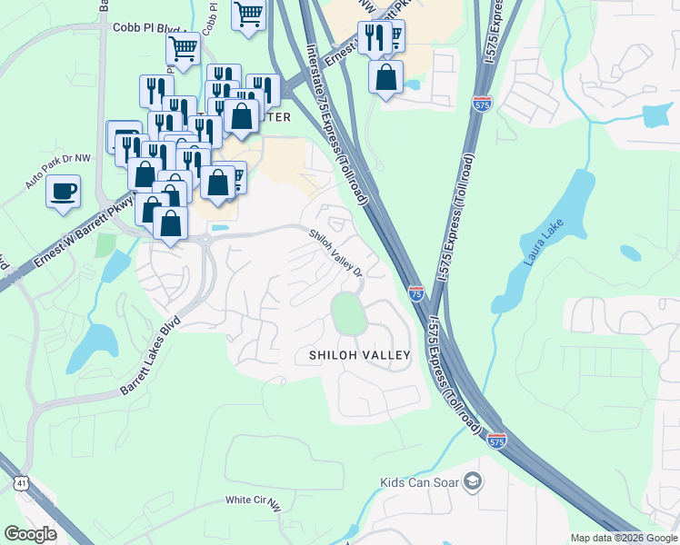 map of restaurants, bars, coffee shops, grocery stores, and more near 1907 Hoods Fort Circle Northwest in Kennesaw