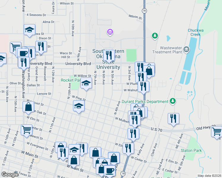 map of restaurants, bars, coffee shops, grocery stores, and more near 1103 North 5th Avenue in Durant
