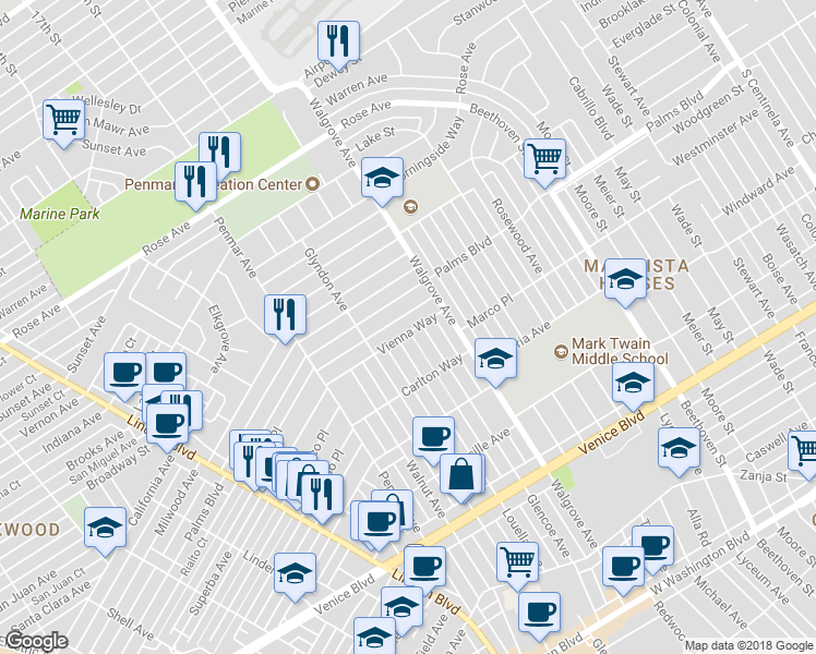 map of restaurants, bars, coffee shops, grocery stores, and more near 1347 Vienna Way in Los Angeles