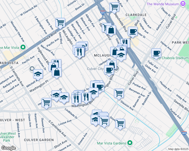 map of restaurants, bars, coffee shops, grocery stores, and more near 4130 McLaughlin Avenue in Los Angeles