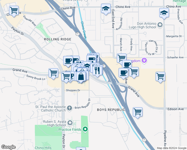 map of restaurants, bars, coffee shops, grocery stores, and more near 3650 Grand Avenue in Chino Hills