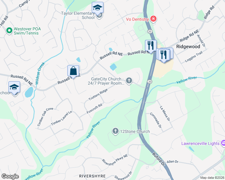 map of restaurants, bars, coffee shops, grocery stores, and more near 443 Trotters Ridge in Lawrenceville