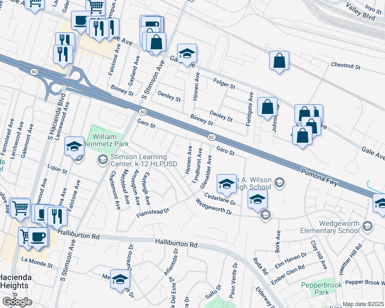 map of restaurants, bars, coffee shops, grocery stores, and more near 1432 Hinnen Avenue in Hacienda Heights