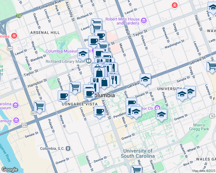 map of restaurants, bars, coffee shops, grocery stores, and more near 1221 Main Street in Columbia