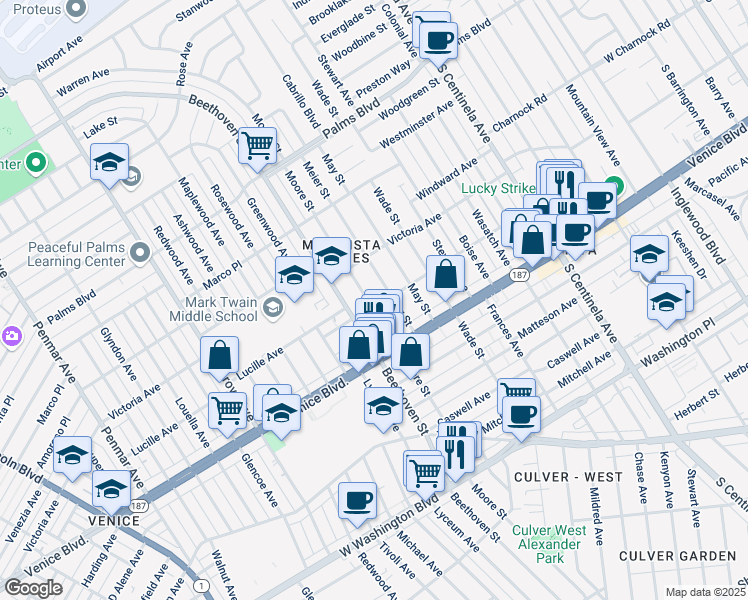 map of restaurants, bars, coffee shops, grocery stores, and more near 3750 Moore Street in Los Angeles