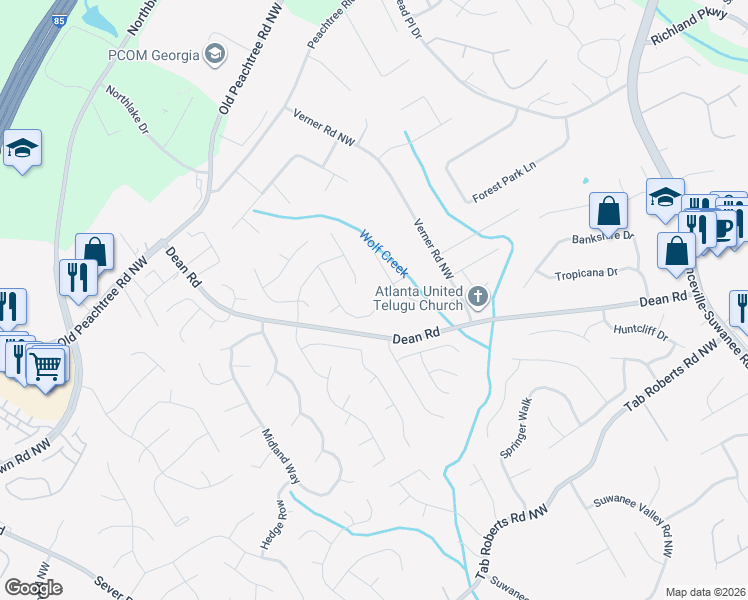 map of restaurants, bars, coffee shops, grocery stores, and more near 2245 Evergreen Lane in Lawrenceville
