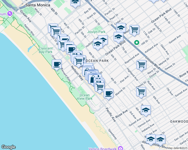 map of restaurants, bars, coffee shops, grocery stores, and more near 2621 2nd Street in Santa Monica