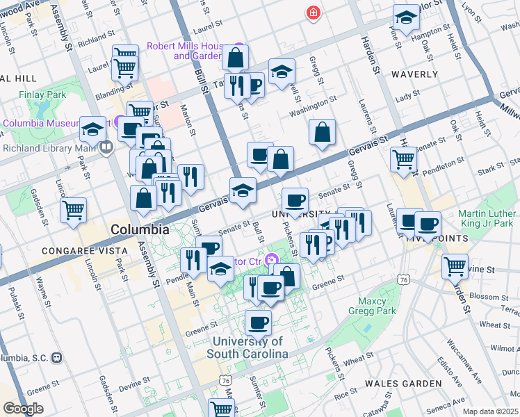 map of restaurants, bars, coffee shops, grocery stores, and more near 1505 Senate Street in Columbia