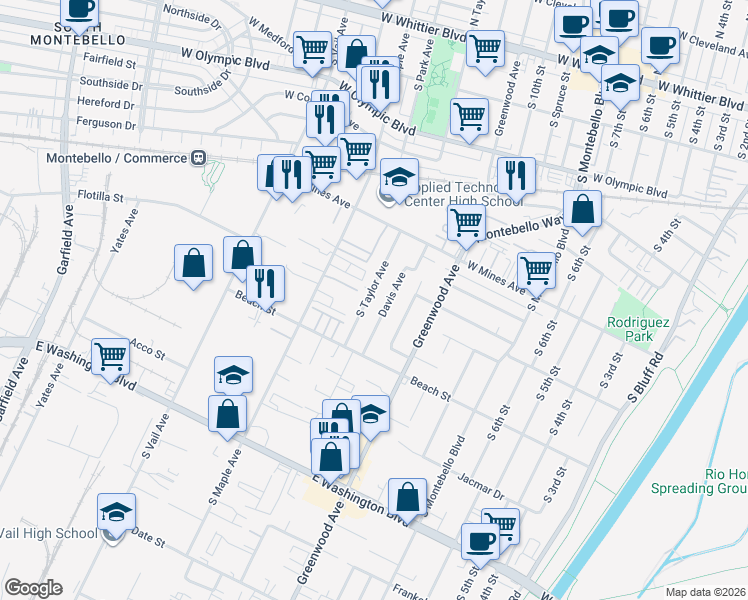 map of restaurants, bars, coffee shops, grocery stores, and more near 704 South Taylor Avenue in Montebello