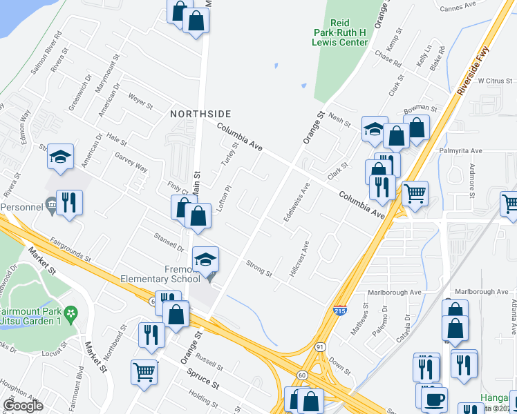 map of restaurants, bars, coffee shops, grocery stores, and more near 1466 Powell Way in Riverside
