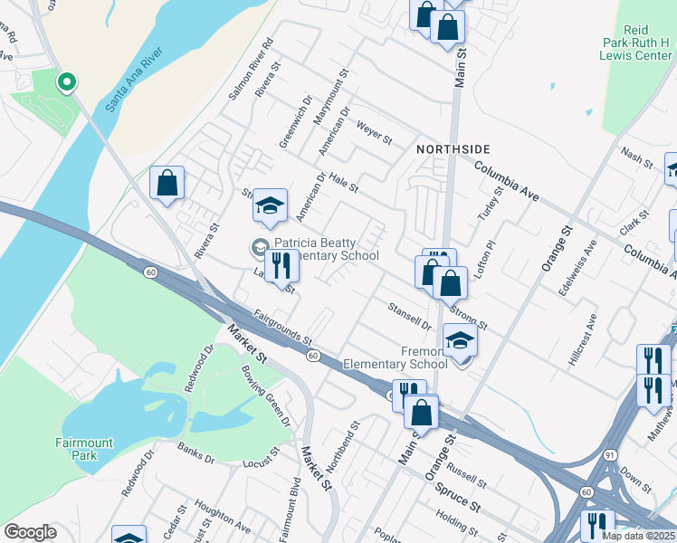 map of restaurants, bars, coffee shops, grocery stores, and more near 4054 Strong Street in Riverside