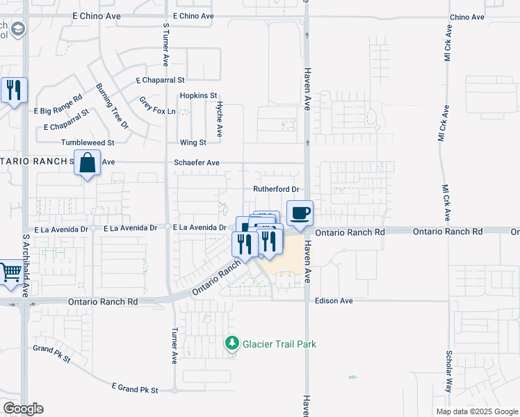 map of restaurants, bars, coffee shops, grocery stores, and more near 3967 Trinitas Way in Ontario
