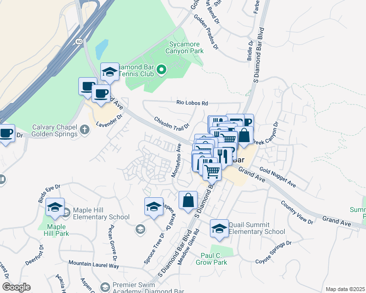 map of restaurants, bars, coffee shops, grocery stores, and more near 1041 Grand Avenue in Diamond Bar