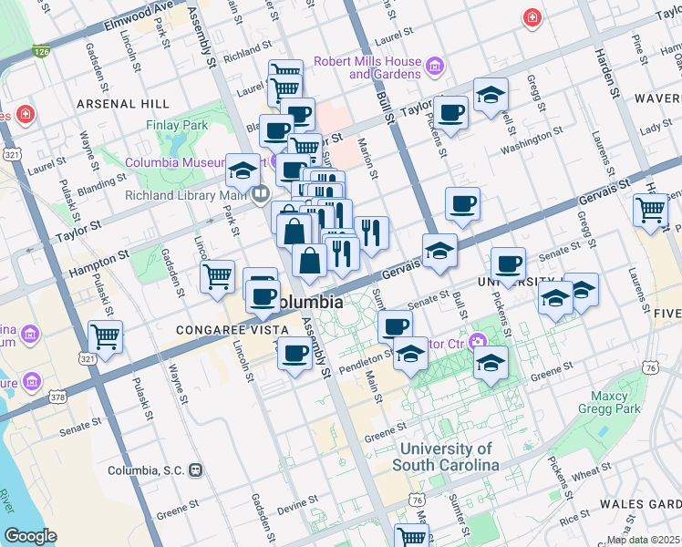 map of restaurants, bars, coffee shops, grocery stores, and more near 1210 Main Street in Columbia