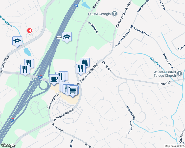 map of restaurants, bars, coffee shops, grocery stores, and more near 2710 Heathrow Drive in Lawrenceville