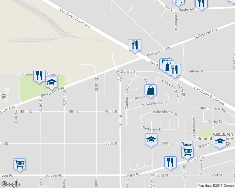 map of restaurants, bars, coffee shops, grocery stores, and more near 4715 Bain Street in Jurupa Valley