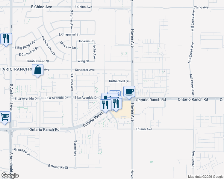 map of restaurants, bars, coffee shops, grocery stores, and more near 3967 Trinitas Way in Ontario