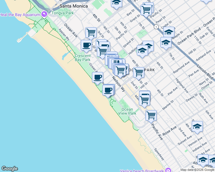 map of restaurants, bars, coffee shops, grocery stores, and more near 120 Hart Avenue in Santa Monica