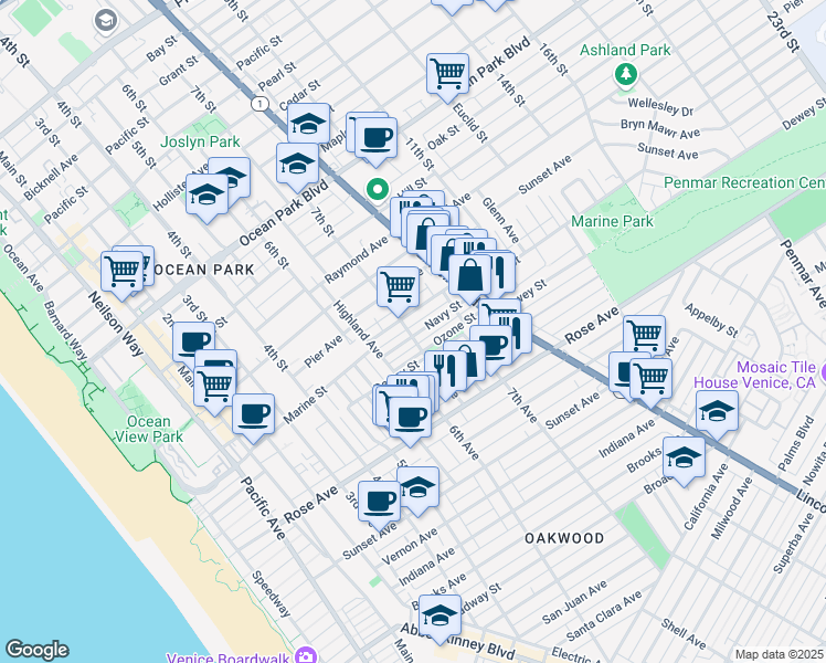 map of restaurants, bars, coffee shops, grocery stores, and more near 701 Navy Street in Santa Monica