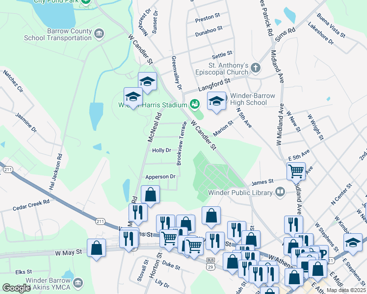 map of restaurants, bars, coffee shops, grocery stores, and more near 181 Brookview Terrace in Winder