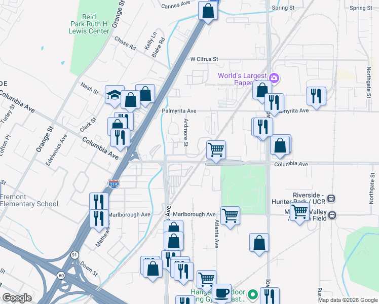 map of restaurants, bars, coffee shops, grocery stores, and more near 1148 Ardmore Street in Riverside