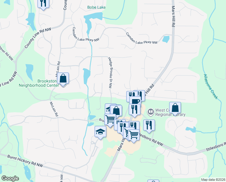 map of restaurants, bars, coffee shops, grocery stores, and more near 2001 Haydenbrook Drive Northwest in Acworth