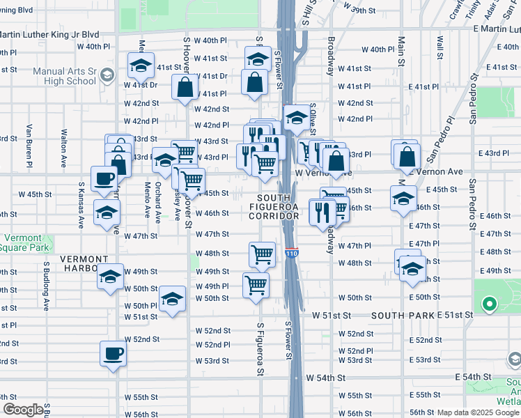 map of restaurants, bars, coffee shops, grocery stores, and more near Figueroa Street & West 46th Street in Los Angeles