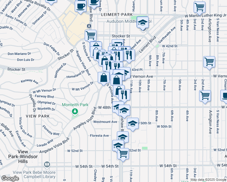 map of restaurants, bars, coffee shops, grocery stores, and more near 4600 Brynhurst Avenue in View Park-Windsor Hills