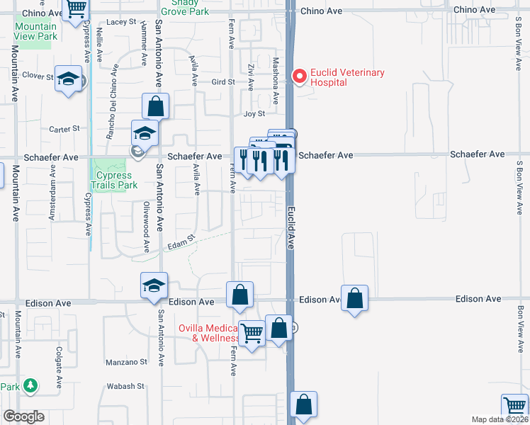 map of restaurants, bars, coffee shops, grocery stores, and more near 13855 Rio Bravo Avenue in Chino