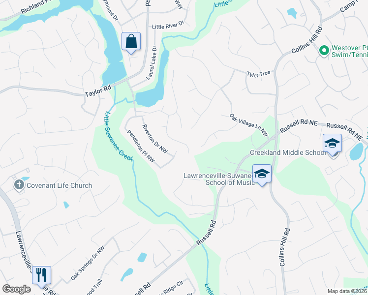 map of restaurants, bars, coffee shops, grocery stores, and more near 1848 Lake Shadow Way in Suwanee