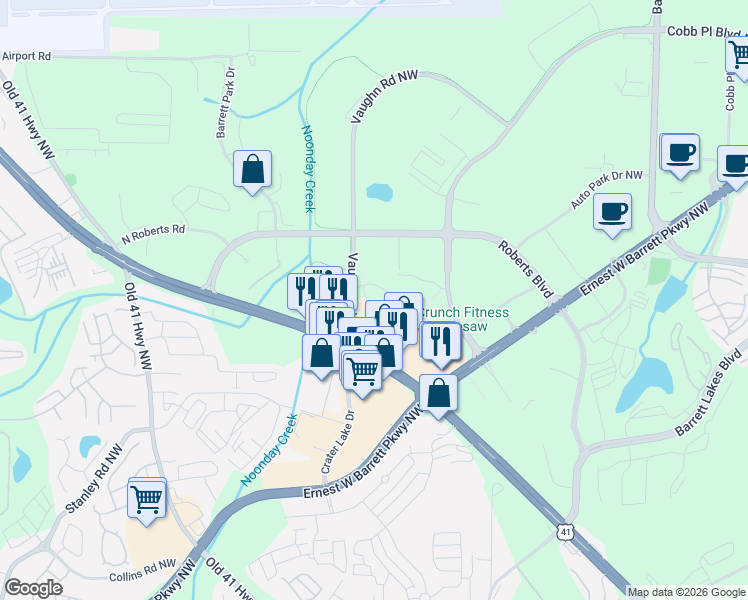 map of restaurants, bars, coffee shops, grocery stores, and more near 2104 Brimfield in Kennesaw