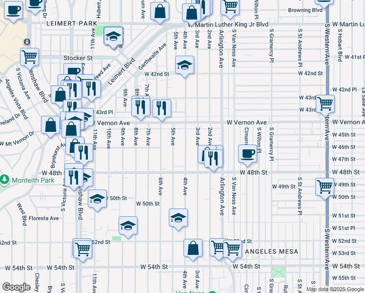 map of restaurants, bars, coffee shops, grocery stores, and more near 4525 4th Avenue in Los Angeles
