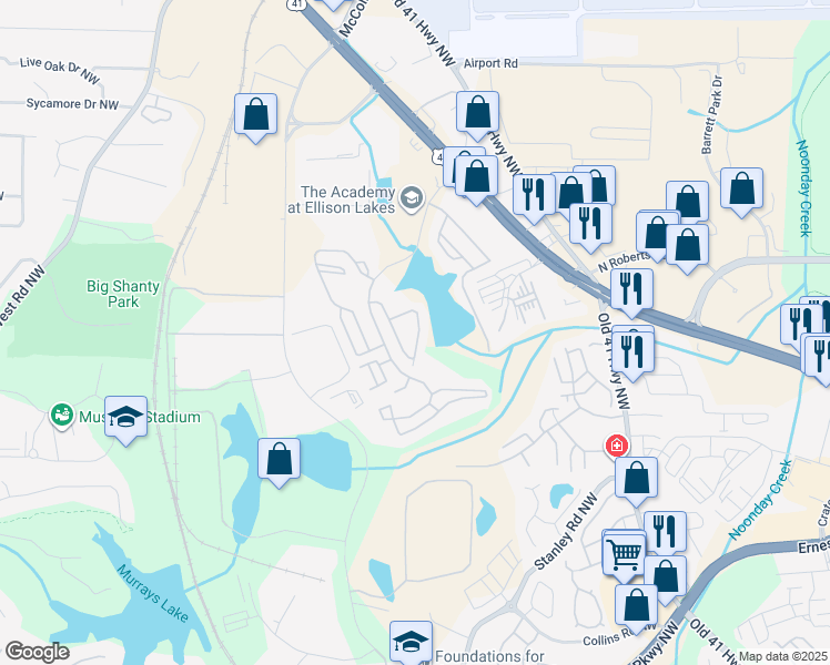 map of restaurants, bars, coffee shops, grocery stores, and more near 1949 Lakeshore Overlook Circle Northwest in Kennesaw