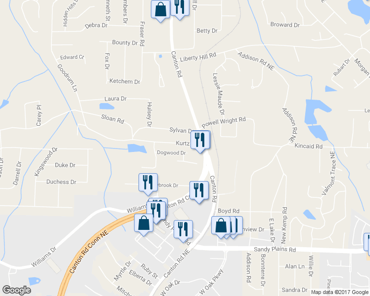 map of restaurants, bars, coffee shops, grocery stores, and more near 864 Kurtz Road in Marietta