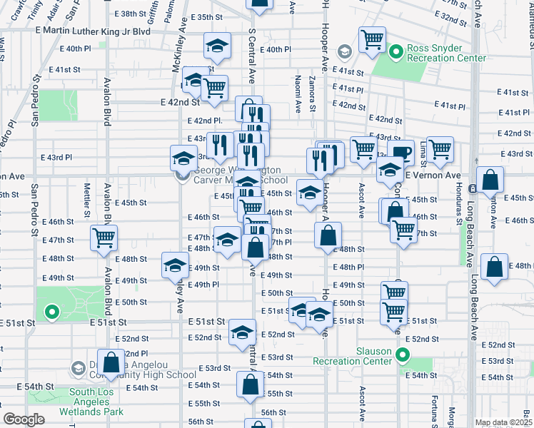 map of restaurants, bars, coffee shops, grocery stores, and more near 1128 East 46th Street in Los Angeles