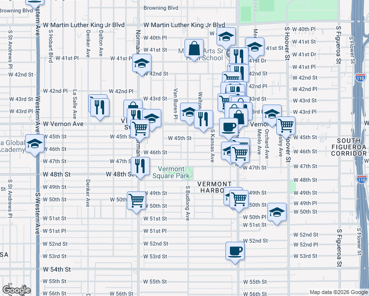 map of restaurants, bars, coffee shops, grocery stores, and more near 4523 South Budlong Avenue in Los Angeles