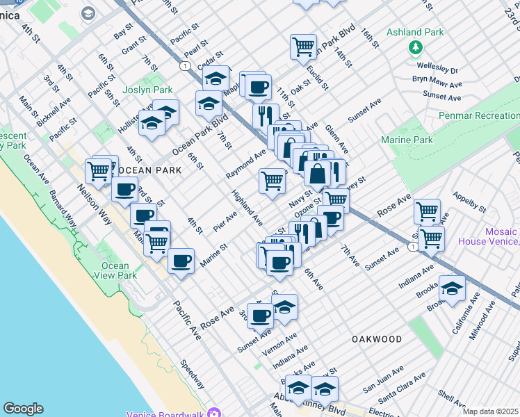 map of restaurants, bars, coffee shops, grocery stores, and more near 647 Marine Street in Santa Monica